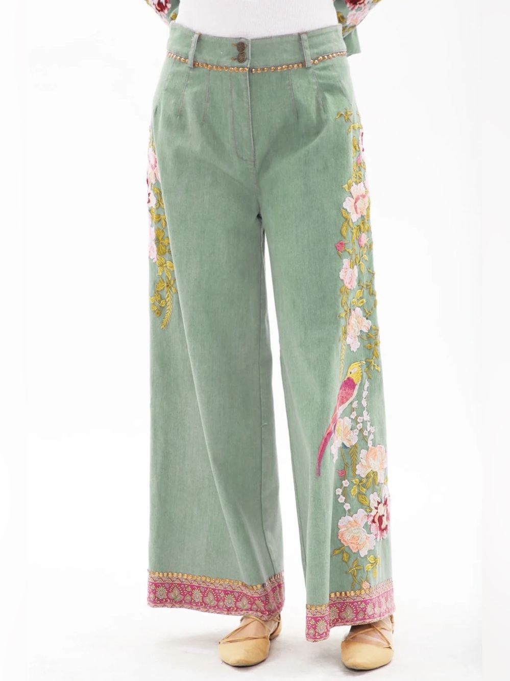 Aratta Time To Shine Embroidered Wide Leg Denim Pants Sage Green Size M